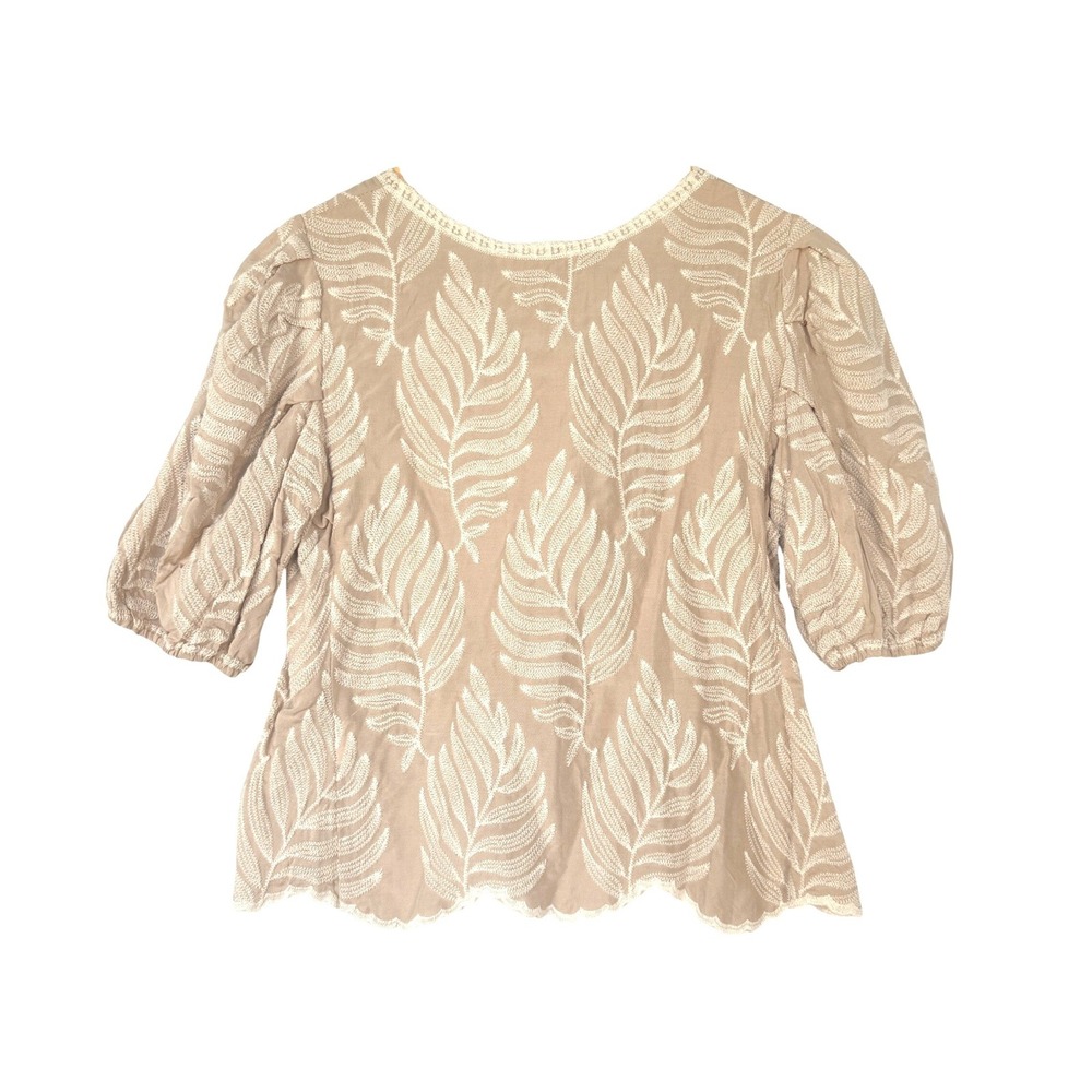 Solitaire Embroidered Leaf Blouse – Beige Boho Puff Sleeve Top – Women's Medium - Picture 3 of 6
